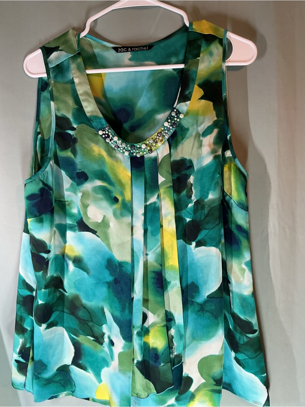 Zac & Rachel Green Teal Floral Beaded Neck Tank
